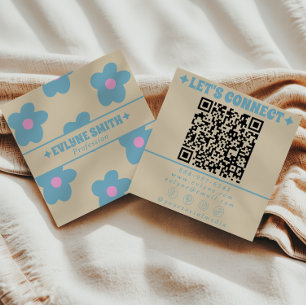 Retro Crème Blauw QR Code Groovy Bloemrijke Fun Bo Vierkante Visitekaartje