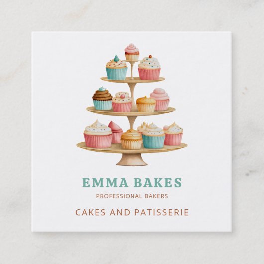  Retro Cupcake Stand Bakkerij banketbakker Vierkante Visitekaartje (Voorkant)