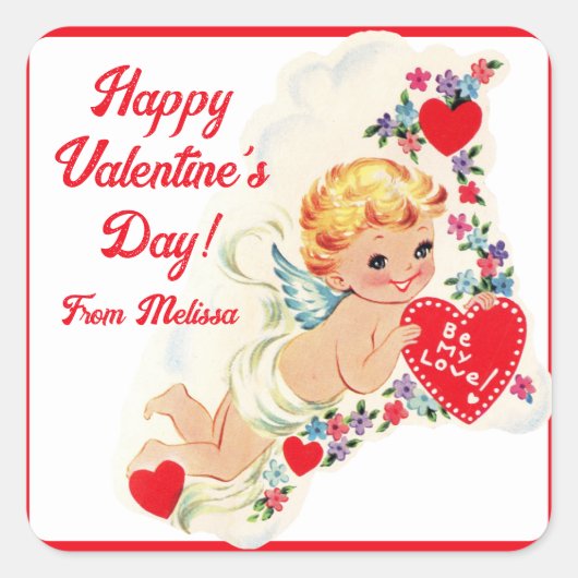 Retro  Cupid Custom Happy Valentine Day Vierkante Sticker (Voorkant)