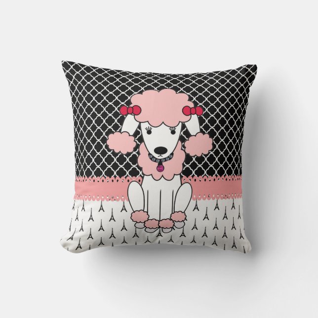 Retro custom girly diva roze Paris Poodle Kussen (Voorkant)