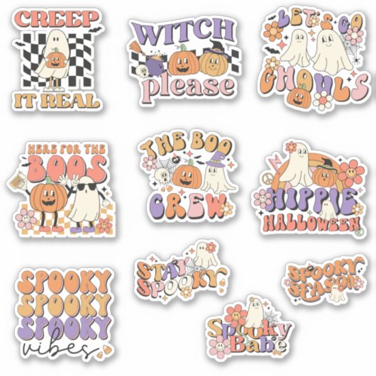 Retro Cute Ghosts Halloween Sticker Pack (Voorkant)