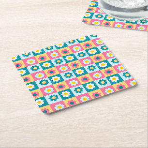 Retro cute kleurrijk pastel bloemenpatroon  vierkante kartonnen onderzetter