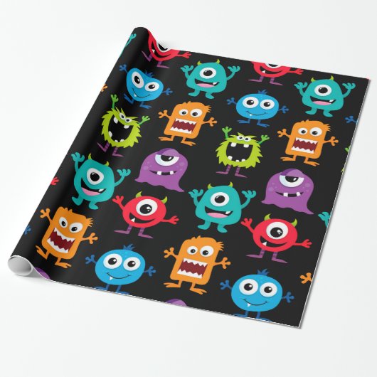 Retro Cute Monster Patroon Cadeaupapier (Uitgerold)
