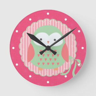 Retro Cute Owl Pink & Green Girly Ronde Klok