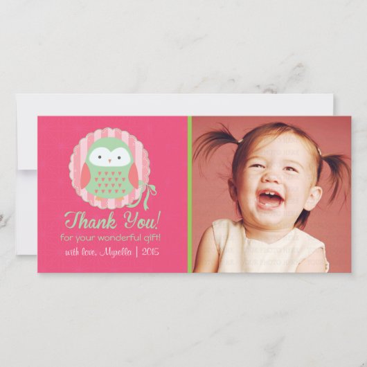 Retro Cute Owl rose et vert Merci fille (Devant)