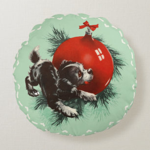 Retro Cute Puppy Red Ornament Kerstmis Rond Kussen