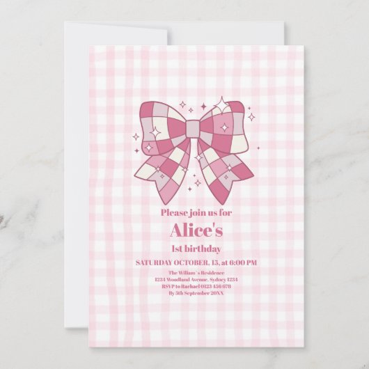 Retro Cute Roze Strik Coquette 1e Verjaardag Kaart (Voorkant)