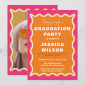 Retro Cute Wavy Pink Oranje Foto Afstuderen Kaart (Voorkant / Achterkant)