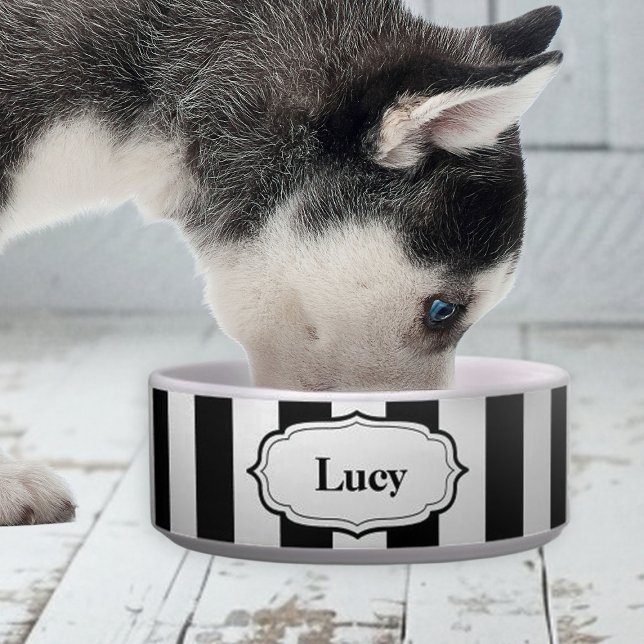 Retro cute zwart-wit gestreepte keramische voerbak voerbakje (personalized black and white stripe bowl for good)
