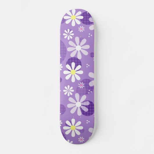 Retro Daisies Paarse Gingham Circles Skateboard (Voorkant)