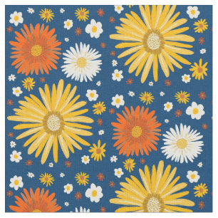 Retro Daisies Pattern Deep Blue Stof
