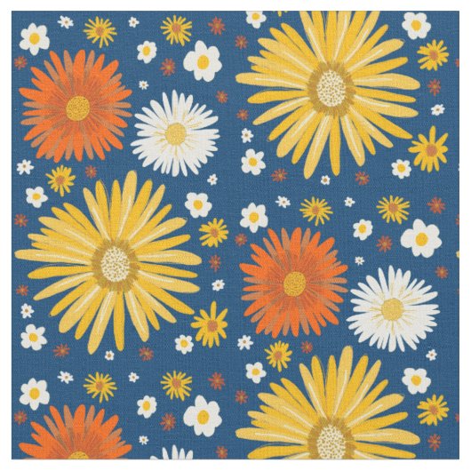 Retro Daisies Pattern Deep Blue Stof (Close Up)