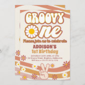 Retro Daisies Peace Sign Groovy One 1e verjaardag Kaart (Voorkant / Achterkant)