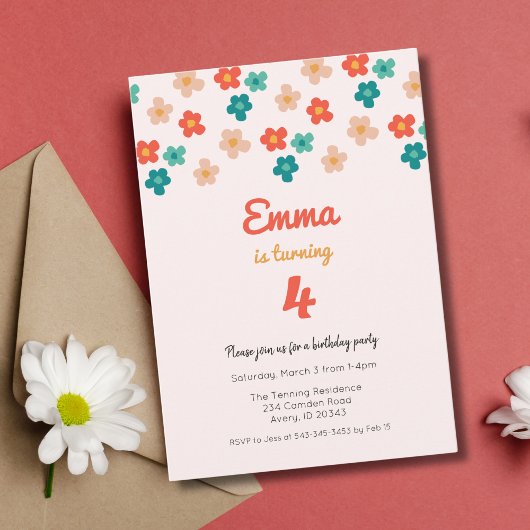 Retro Daisies Rose Girls Invitation de fête d'anni