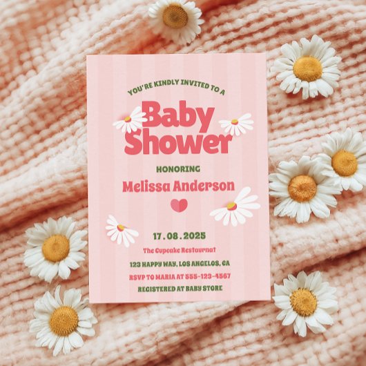 Retro Daisy Baby shower rose Invitation pour fille