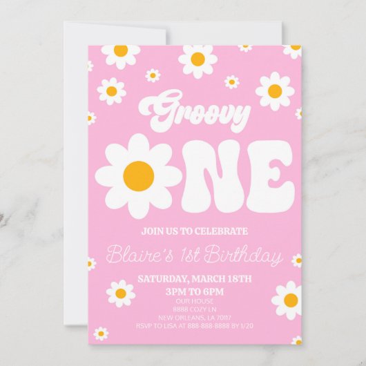 Retro Daisy Bloem Groovy Een 1e Verjaardagsfeest Kaart (Voorkant)