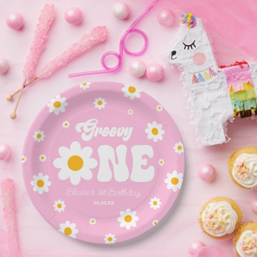 Retro Daisy Bloem Groovy Een 1e Verjaardagsfeest Papieren Bordje (Feest)