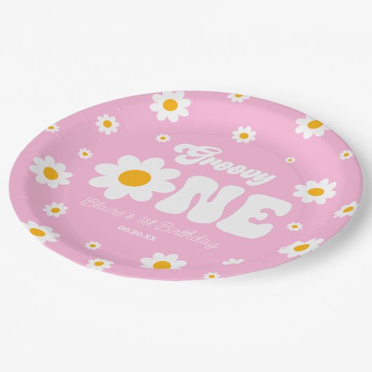 Retro Daisy Bloem Groovy Een 1e Verjaardagsfeest Papieren Bordje (Gekanteld)