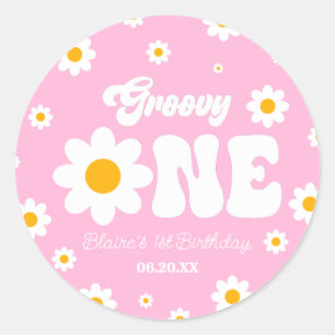 Retro Daisy Bloem Groovy Een 1e Verjaardagsfeest Ronde Sticker