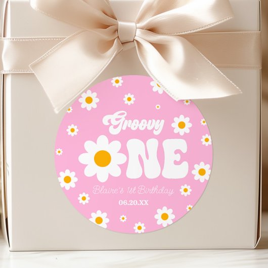 Retro Daisy Bloem Groovy Een 1e Verjaardagsfeest Ronde Sticker