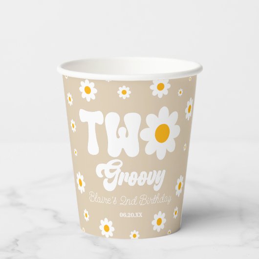 Retro Daisy Bloem Twee Groovy 2e Verjaardagsfeest Papieren Bekers (Achterkant)