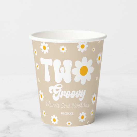 Retro Daisy Bloem Twee Groovy 2e Verjaardagsfeest Papieren Bekers (Voorkant)