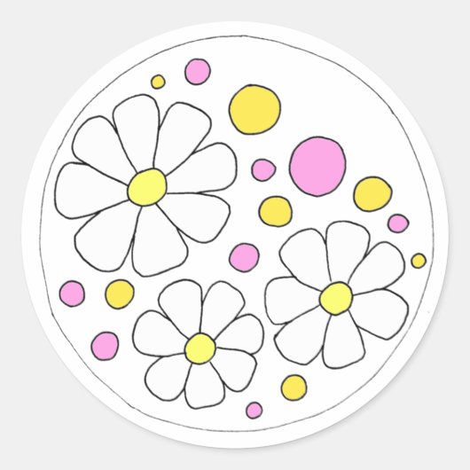 Retro Daisy Bloemen met Roze en Gele Cirkels Ronde Sticker (Voorkant)
