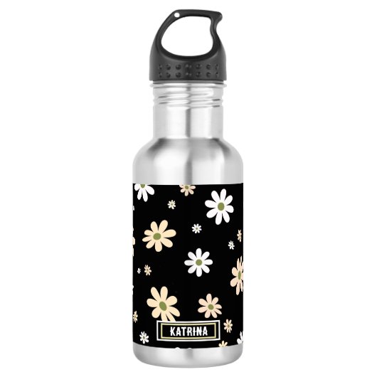 Retro Daisy Bloemen Patroon Boho gepersonaliseerd  Waterfles (Voorkant)