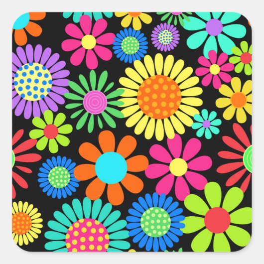 Retro Daisy Blossom Flower Power Pattern Vierkante Sticker (Voorkant)