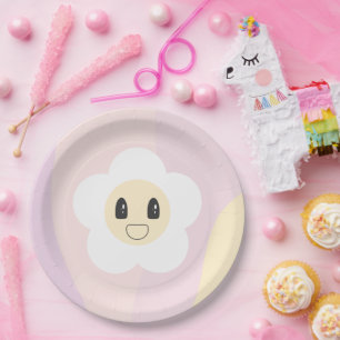 Retro Daisy Blush Roze Baby Meisje Verjaardag Papieren Bordje