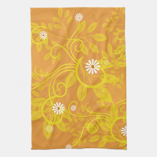 Retro Daisy en gele Filigree over Sinaasappel Theedoek (Verticaal)