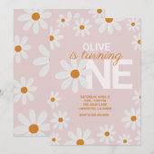 Retro Daisy First Birthday Party Kaart (Voorkant / Achterkant)