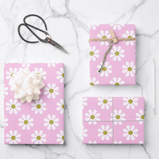 Retro Daisy Flower Pattern in roze Inpakpapier Vel (Voorkant)