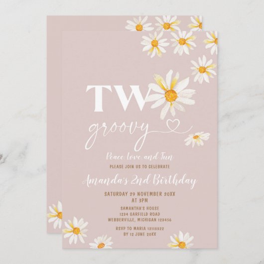 Retro Daisy Flowers Two Groovy Birthday Party Kaart (Voorkant / Achterkant)