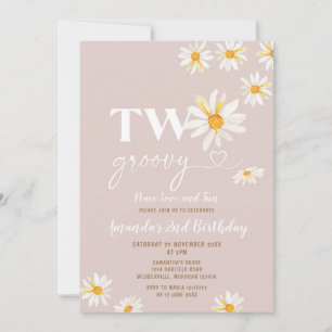 Retro Daisy Flowers Two Groovy Birthday Party Kaart