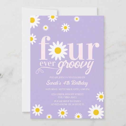 Retro Daisy Four Ever Groovy Paarse 4e Verjaardag Kaart (Voorkant)