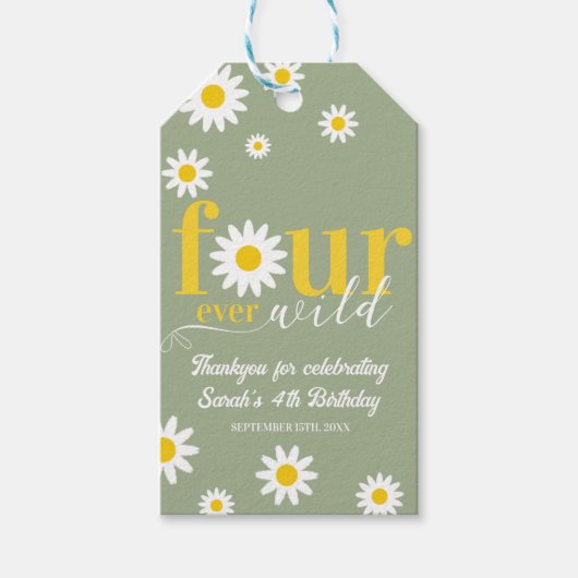 Retro Daisy Four Ever Wild Sage Green 4e verjaarda Cadeaulabel (Voorkant)