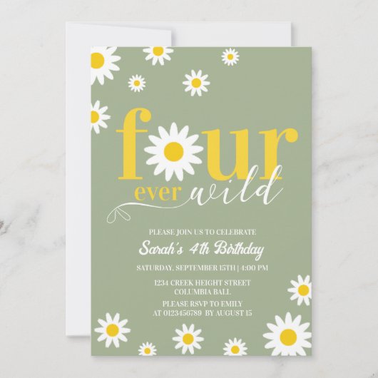 Retro Daisy Four Ever Wild Sage Green 4e verjaarda Kaart (Voorkant)