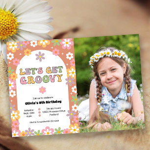 Retro Daisy Groovy Meisje Foto Verjaardagsfeestje Kaart