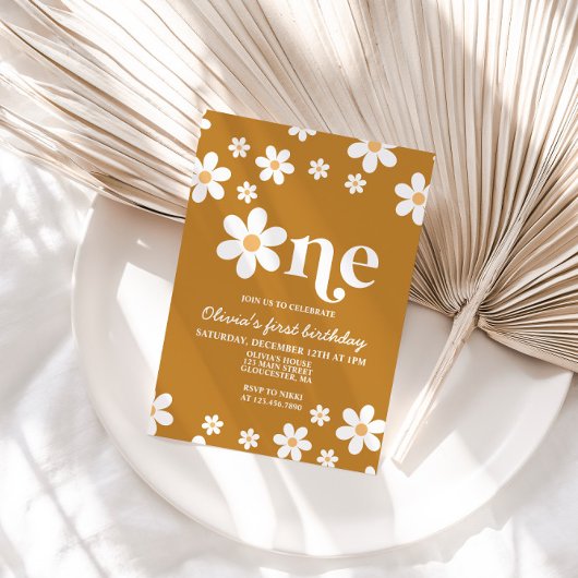Retro Daisy One Floral 1e verjaardag Uitnodiging