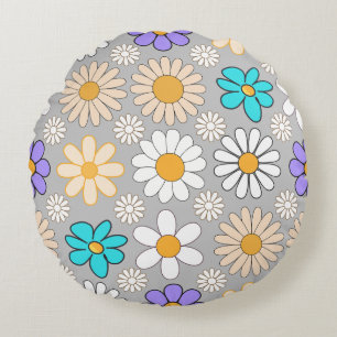 Retro Daisy Patroon Simple.01. Grijs BG Rond Kussen