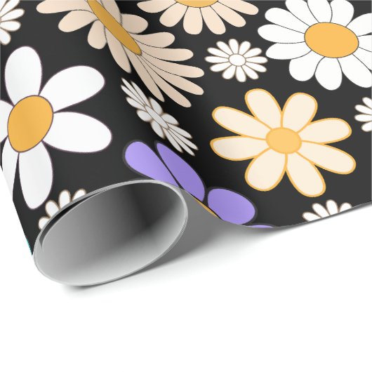 Retro Daisy Patroon Simple.01. Zwart BG Cadeaupapier (Rol Hoek)