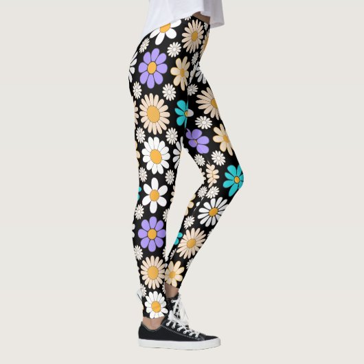 Retro Daisy Patroon Simple.01. Zwart BG Leggings (Rechts)