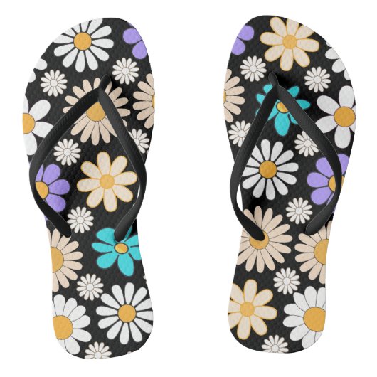 Retro Daisy Patroon Simple.01. Zwart BG Teenslippers (Voetbed)