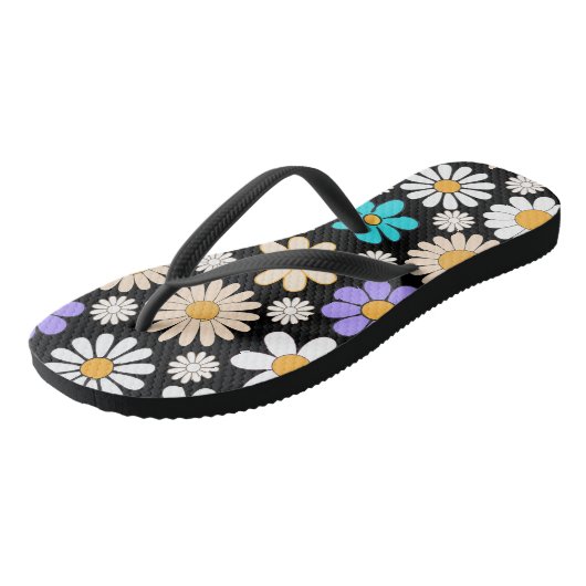 Retro Daisy Patroon Simple.01. Zwart BG Teenslippers (Schuin)