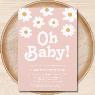 Retro Daisy Pink Baby shower Kaart