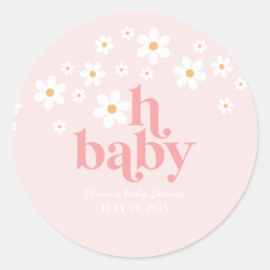 Retro Daisy Pink Baby shower Ronde Sticker (Voorkant)