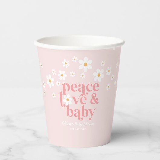 Retro Daisy Pink Peace Love Baby shower Papieren Bekers (Voorkant)