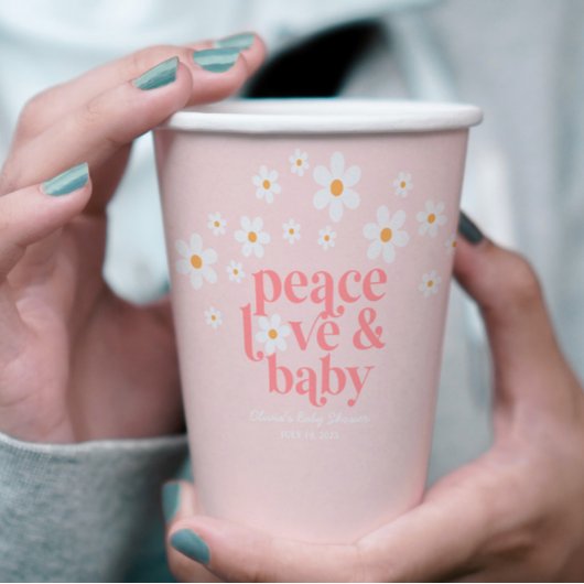 Retro Daisy Pink Peace Love Baby shower Papieren Bekers