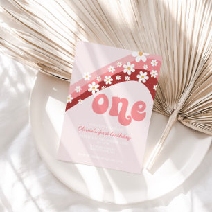Retro Daisy Pink Rainbow eerste verjaardag Uitnodi Kaart